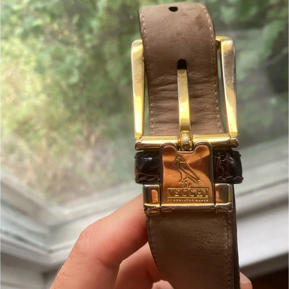 De Vecchi Brown Crocodile Leather Belt with Brass Buckle made in Italy